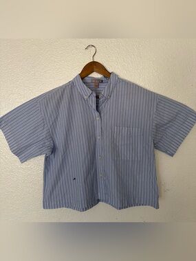 J. Crew Light Blue & White Stripe Button-Down Shirt cropped women’s size small